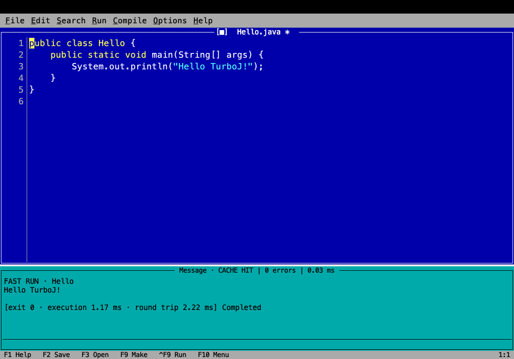 TurboJ Java editor showing Hello.java, compiler cache status, and successful Hello World execution in the integrated console.